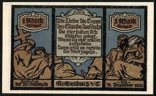Notgeld Rothenburg o. Tauber 1921, 1 Mark, Kirchturm, Torturm