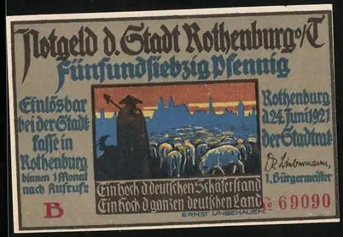 Notgeld Rothenburg o. T. 1921, 75 Pfennig, Schäfer mit seiner Herde, Der Ober-Schäfer