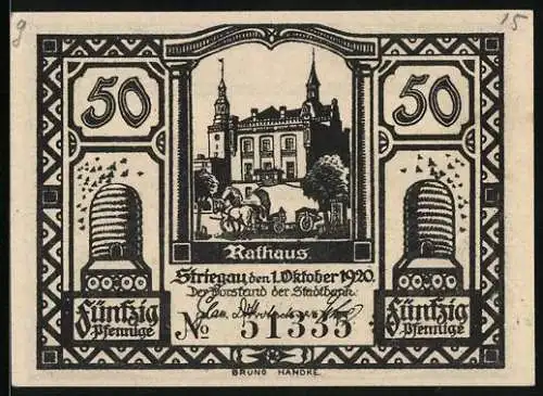 Notgeld Striegau in Schles. 1920, 50 Pfennig, Das Rathaus, Ortsansicht