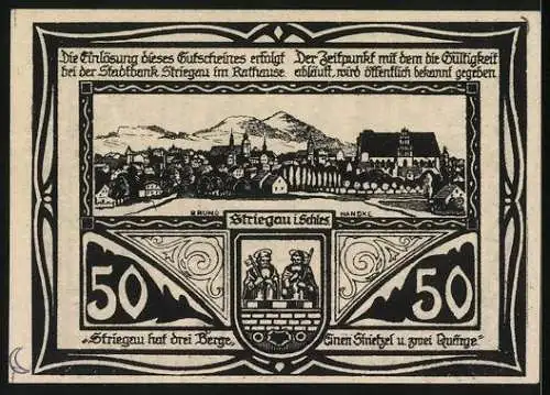 Notgeld Striegau in Schles. 1920, 50 Pfennig, Das Rathaus, Ortsansicht