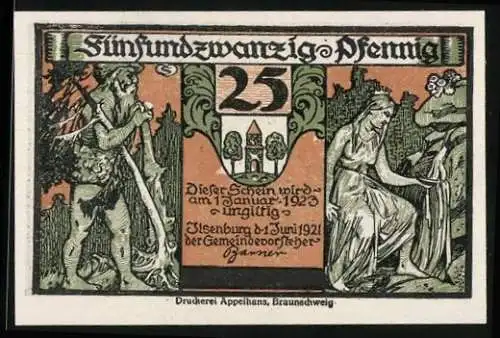 Notgeld Ilsenburg 1921, 25 Pfennig, Frau guckt der Eule ins Nest