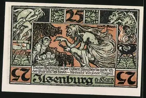Notgeld Ilsenburg 1921, 25 Pfennig, Frau guckt der Eule ins Nest