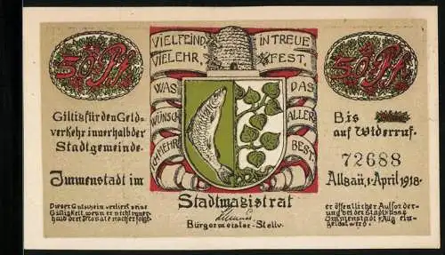 Notgeld Immenstadt im Allgäu 1918, 50 Pfennig, Soldaten in Uniform mit ihren Pferden