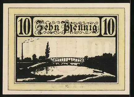 Notgeld Jessnitz i. A., 10 Pfennig, Blick auf die Eisenbahnbrücke