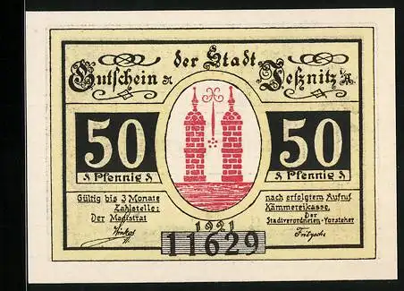 Notgeld Jessnitz i. A., 50 Pfennig, Silhouette der Stadt