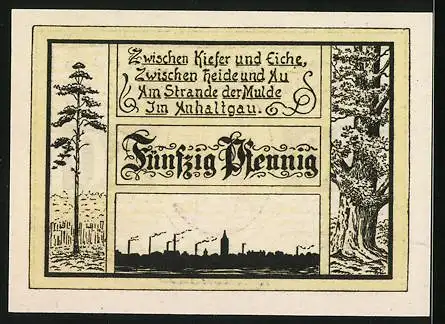 Notgeld Jessnitz i. A., 50 Pfennig, Silhouette der Stadt