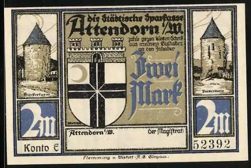 Notgeld Attendorn i. W. 1922, 2 Mark, Bierkerturm, Pulverturm, Tropfsteinhöhle