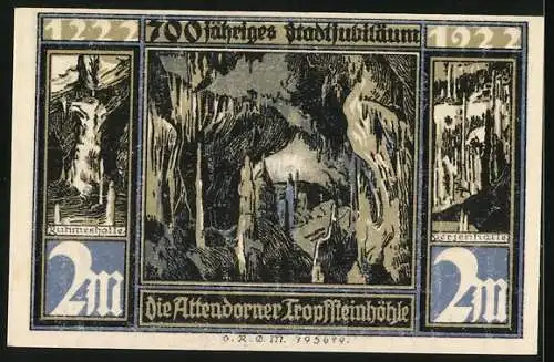 Notgeld Attendorn i. W. 1922, 2 Mark, Bierkerturm, Pulverturm, Tropfsteinhöhle