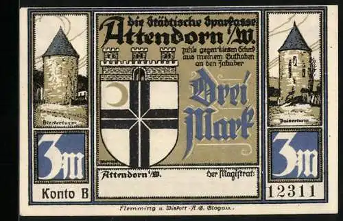 Notgeld Attendorn i. W. 1922, 3 Mark, Schloss und Ruine Schnellenberg