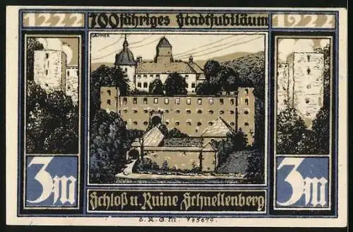 Notgeld Attendorn i. W. 1922, 3 Mark, Schloss und Ruine Schnellenberg