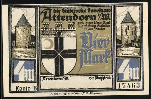 Notgeld Attendorn i. W. 1922, 4 Mark, Festung und Hansastadt zu alter Zeit
