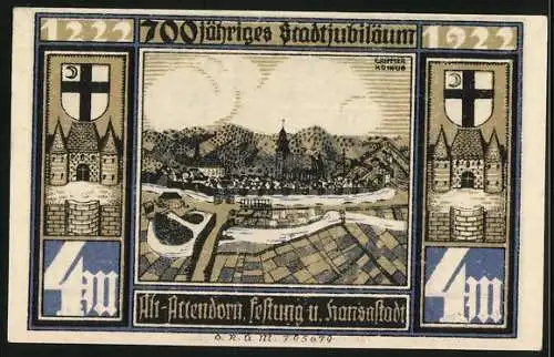 Notgeld Attendorn i. W. 1922, 4 Mark, Festung und Hansastadt zu alter Zeit