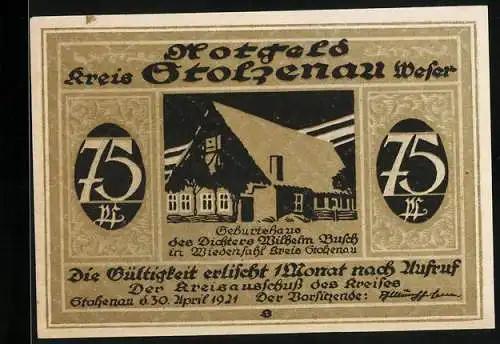 Notgeld Stolzenau /Weser 1921, 75 Pfennig, Geburtshaus von Wilhelm Busch