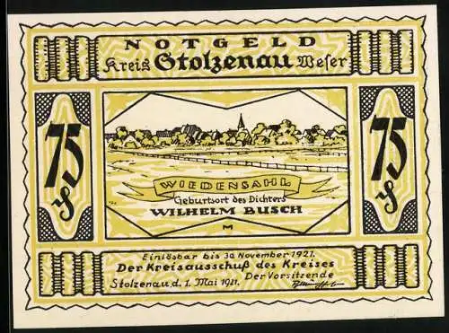 Notgeld Stolzenau /Weser 1921, 75 Pfennig, Wiedensahl, Geburtsort von Wilhelm Busch
