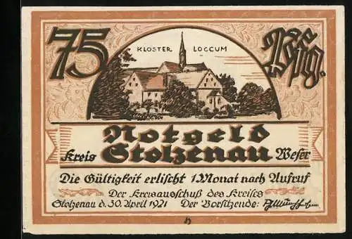 Notgeld Stolzenau /Weser 1921, 75 Pfennig, Das Kloster Loccum