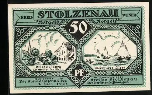 Notgeld Stolzenau /Weser 1921, 50 Pfennig, Ortspartie in Rehburg am Steinhuder Meer, Segelboote auf dem Wasser