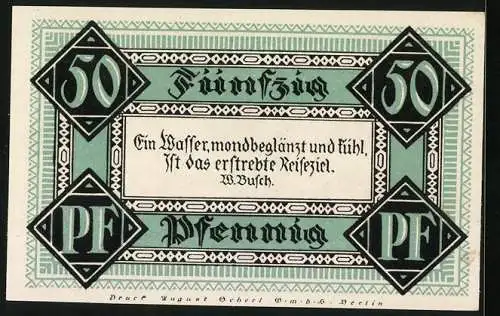 Notgeld Stolzenau /Weser 1921, 50 Pfennig, Ortspartie in Rehburg am Steinhuder Meer, Segelboote auf dem Wasser