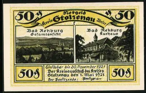 Notgeld Stolzenau /Weser 1921, 50 Pfennig, Bad Rehburg, Kurhaus
