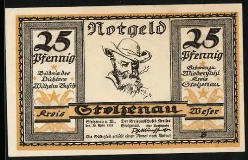 Notgeld Stolzenau /Weser 1921, 25 Pfennig, Konterfei von Wilhelm Busch