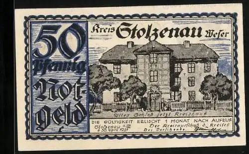 Notgeld Stolzenau /Weser 1921, 50 Pfennig, Altes Schloss, verwendet als Kreishaus