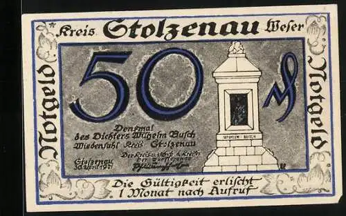 Notgeld Stolzenau /Weser 1921, 50 Pfennig, Wilhelm Busch-Denkmal