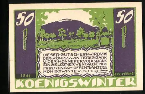 Notgeld Königswinter / Rhein 1921, 50 Pfennig, Kurhotel auf dem Petersberg