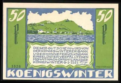 Notgeld Königswinter / Rhein 1921, 50 Pfennig, Drachenburg und Drachenfels