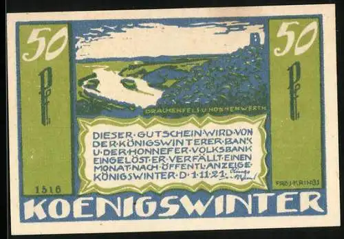 Notgeld Königswinter / Rhein 1921, 50 Pfennig, Drachenfels und Nonnenwerth