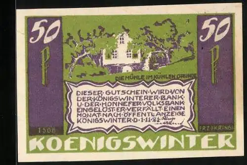 Notgeld Königswinter / Rhein 1921, 50 Pfennig, Die Mühle im Kühlen Grunde