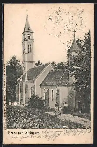 AK Schollach, Steinparz, Spaziergänger an der Kirche