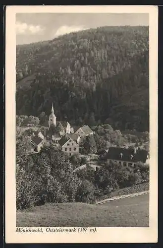 AK Mönichwald /Oststeiermark, Ortsansicht mit Kirche aus der Vogelschau