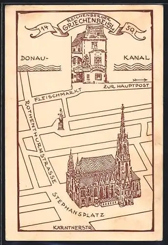 Künstler-AK Wien, Restaurant Reichenberger Griechenbeisl, Stephansdom