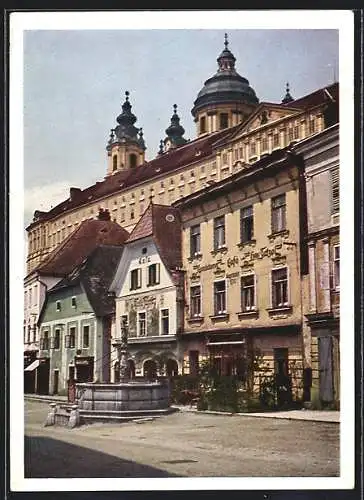 AK Melk, Alter Marktplatz und Stift, Cafés, Brunnen