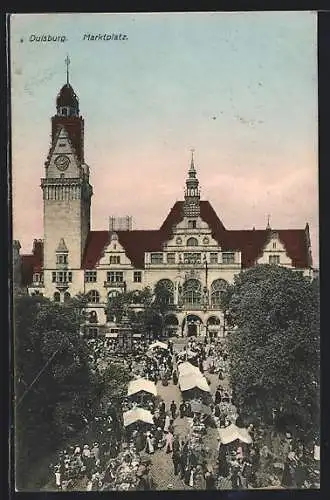 AK Duisburg, Marktplatz mit Rathaus am Markttag