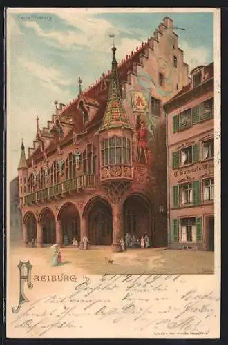 Lithographie Freiburg / Breisgau, Blick zum Kaufhaus