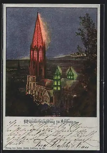 Künstler-AK Freiburg i. Br., Blick auf die Münsterbeleuchtung