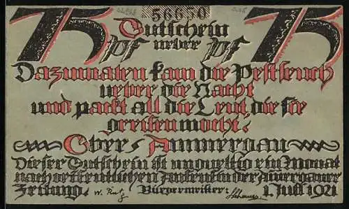 Notgeld Ober-Ammergau 1921, 75 Pfennig, Der Tod mit Korne, Umhang und Sichel