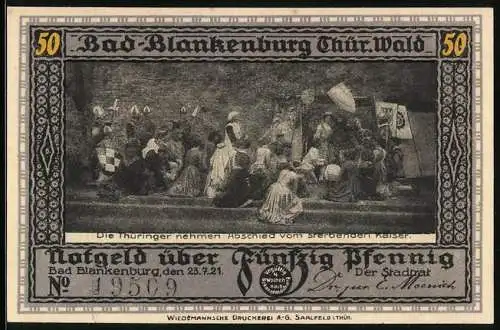 Notgeld Bad Blankenburg /Thür. Wald 1921, 50 Pfennig, Die Thüringer nehmen Abschied vom sterbenden Kaiser