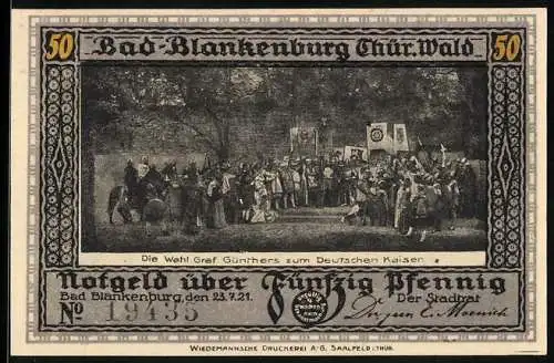 Notgeld Bad Blankenburg /Thür. Wald 1921, 50 Pfennig, Die Wahl Graf Günthers zum Deutschen Kaiser