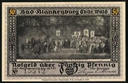 Notgeld Bad Blankenburg /Thür. Wald 1921, 50 Pfennig, Kaiser Günthers Treueschwur