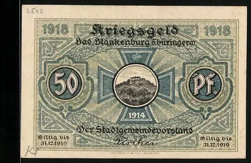 Notgeld Bad Blankenburg /Thüringerw. 1918, Burg auf dem Berg