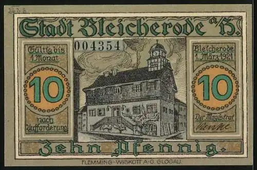 Notgeld Bleicherode a. H. 1921, 10 Pfennig, Das Rathaus