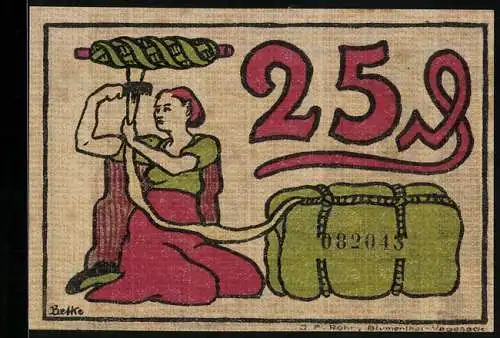 Notgeld Blumenthal i. H. 1921, 25 Pfennig, Frau kämmt Wolle, Industriearbeiter