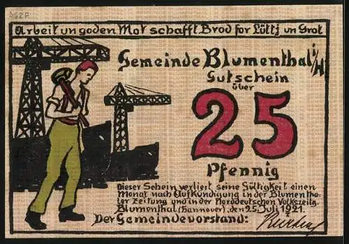 Notgeld Blumenthal i. H. 1921, 25 Pfennig, Frau kämmt Wolle, Industriearbeiter