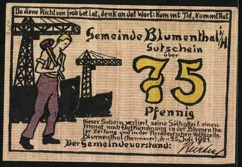 Notgeld Blumenthal i. H. 1921, 75 Pfennig, Kämmerin mit gelbem Rock