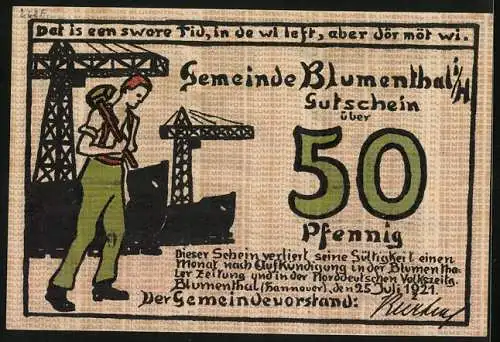 Notgeld Blumenthal i. H. 1921, 50 Pfennig, Kämmerin mit grünem Rock