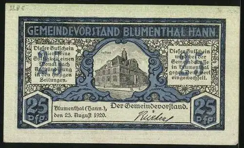 Notgeld Blumenthal /Hann. 1920, 25 Pfennig, Rathaus und Industriegebiet
