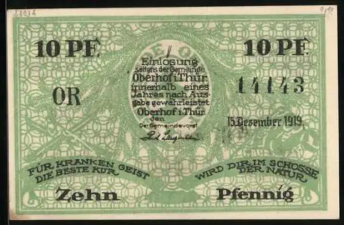 Notgeld Oberhof i. Thür. 1919, 10 Pfennig, Denkmal am Rennsteig