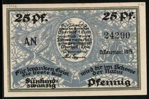 Notgeld Oberhof i. Thür. 1919, 25 Pfennig, Langläufer blickt auf den Ort