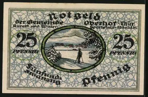 Notgeld Oberhof i. Thür. 1919, 25 Pfennig, Langläufer blickt auf den Ort